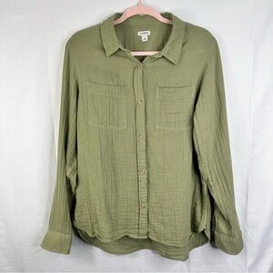 L.L. Bean button down blouse slubbed cotton sage olive green minimalist bohemian